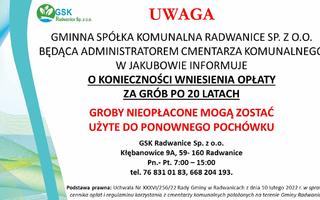 Obraz przedstawiający Informacja dotyczącą wniesienia opłat za groby po 20 latach na cmentarzu komunalnym w Jakubowie