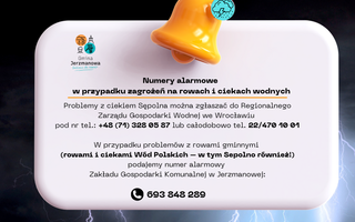 Obraz przedstawiający Numery alarmowe  w przypadku zagrożeń na rowach i ciekach wodnych