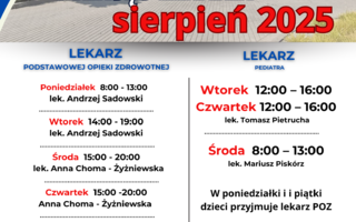 Harmonogram przyjęć lekarzy – sierpień 2025
