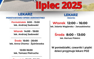 Harmonogram przyjęć lekarzy w lipcu 2025 roku