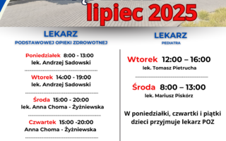 Harmonogram przyjęć lekarzy w lipcu 2025 roku