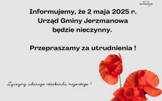 Obraz przedstawiający 2 maja Urząd Gminy Jerzmanowa będzie nieczynny