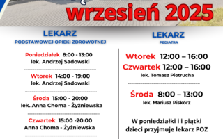 Harmonogram przyjęć lekarzy w Ośrodku Zdrowia w Jerzmanowej – wrzesień 2025