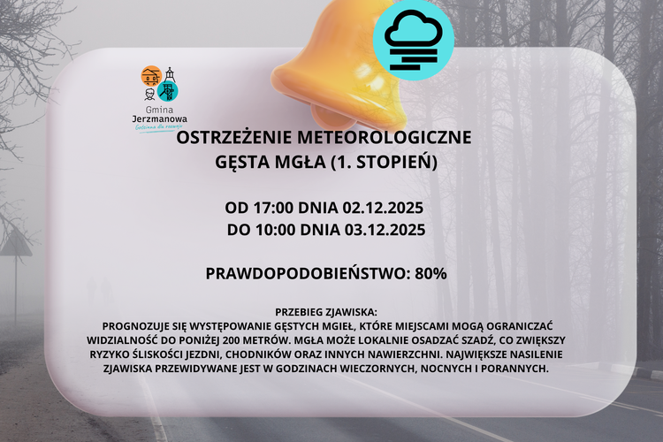 OSTRZEŻENIE METEOROLOGICZNE – GĘSTA MGŁA (1. stopień)