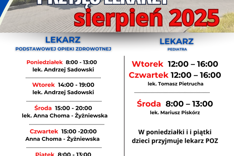 Harmonogram przyjęć lekarzy – sierpień 2025