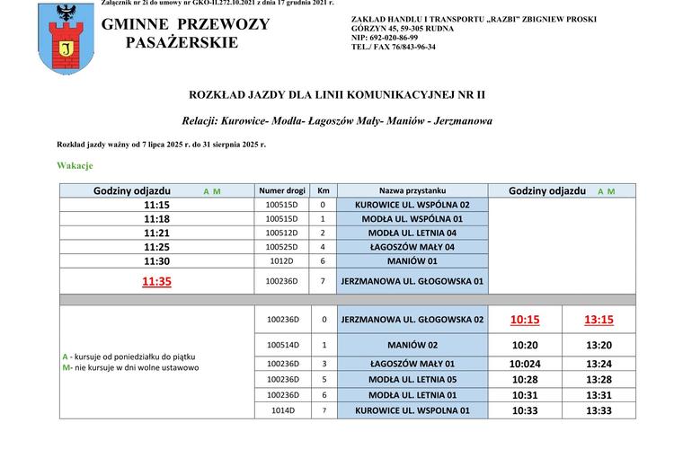 Dodatkowa - wakacyjna linia nr II Gminnych Przewozów Pasażerskich