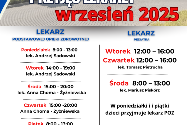Harmonogram przyjęć lekarzy w Ośrodku Zdrowia w Jerzmanowej – wrzesień 2025